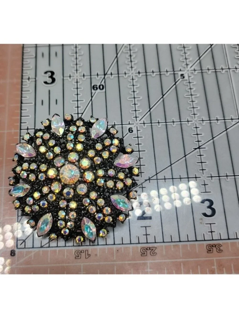 Vintage Style Aurora Borealis Rhinestone Brooch Pendant Domed Black Starburst